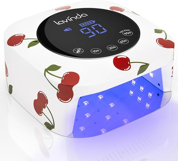 Lavinda 54W Nail Lamp UV Light for Gel Nails, Cherry Print | Soft 365+405nm light, room for five fingers or toes, mirrored removable base, easy touch controls, playful vanity décor