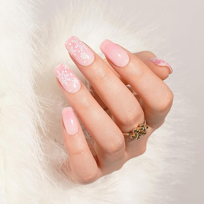 Christmas Semi Cured Gel Nail Strips - 20Pcs Pink UV Gel Nail Wraps with Snowflake Design, Long Lasting Salon-Quality Stickers, Includes Nails File & Wooden Stick - UV/LED Lamp Required