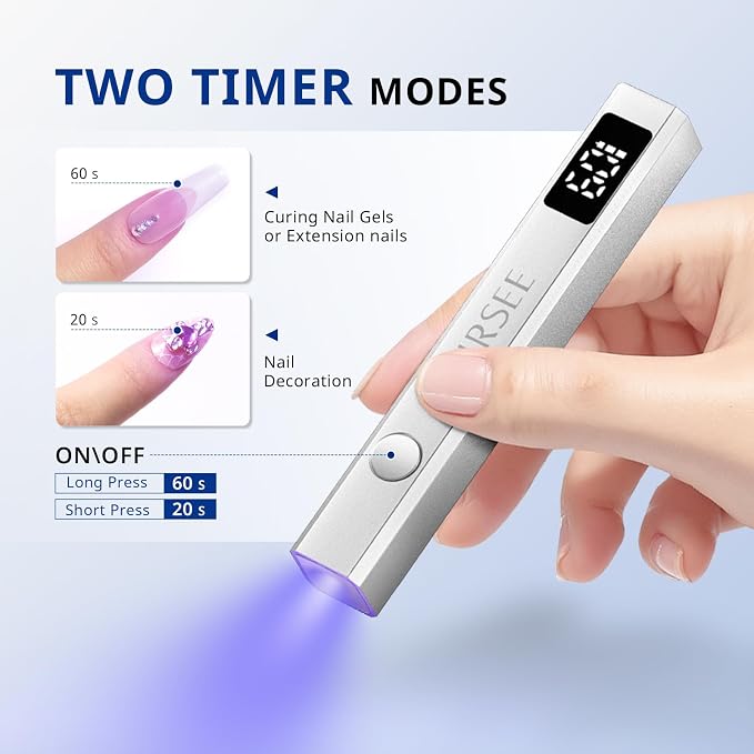 AIRSEE Cordless Mini Handheld Nail Lamp with Display for Gel Nail,Sliver | 2 Times & Rechargeable, USB Nail Dryer for Fast Cure,Rhinestone Glue Decoration,Gel Nail Strips