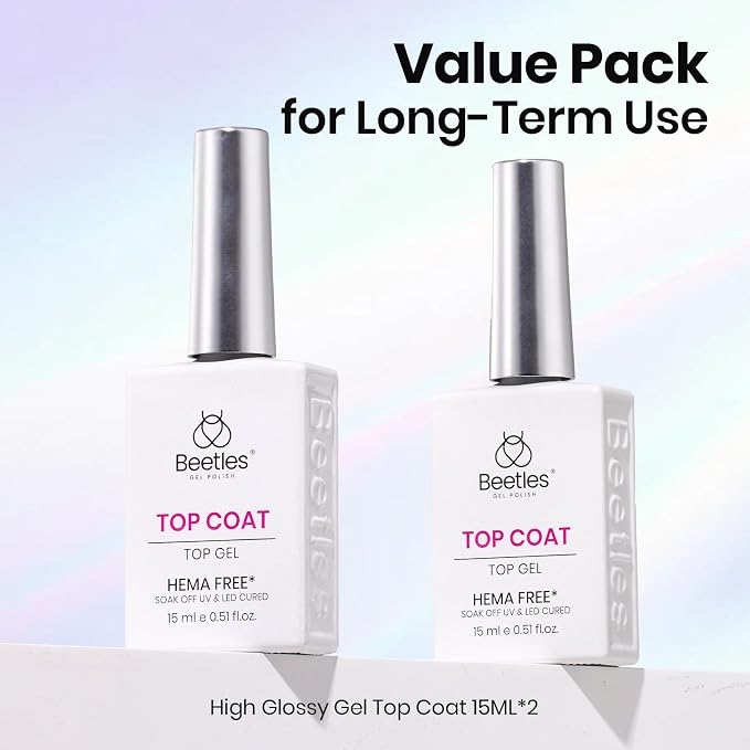 Beetles HEMA-Free & TPO-Free No Wipe Gel Top Coat,2Pcs 15ML | Gel Nail Polish Top Coat, High Gloss Long-Lasting Scratch-Resistant Soak-Off UV/LED Lamp Required