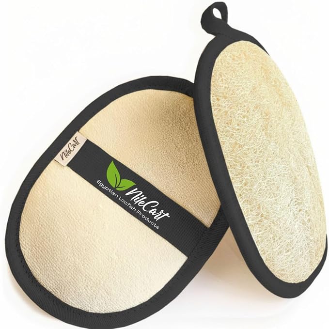 NileCart Natural Loofah for Men, Black, 2 Pack | Egyptian Luffa Sponge Pads - Natural Body Exfoliator Scrubber for Bath & Shower