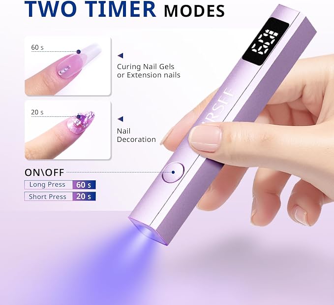 AIRSEE Cordless Mini Handheld Nail Lamp with Display for Gel Nail,Purple | 2 Times & Rechargeable, USB Nail Dryer for Fast Cure,Rhinestone Glue Decoration,Gel Nail Strips