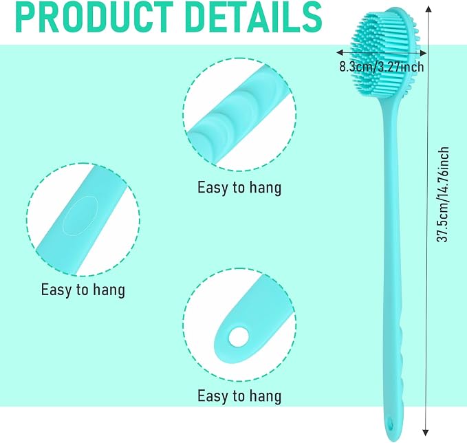KXF Silicone Back Scrubber for Shower Bath Body Brush with Long Handle Double Sided Exfoliating Shower Brush with a Hook and a Lanyard