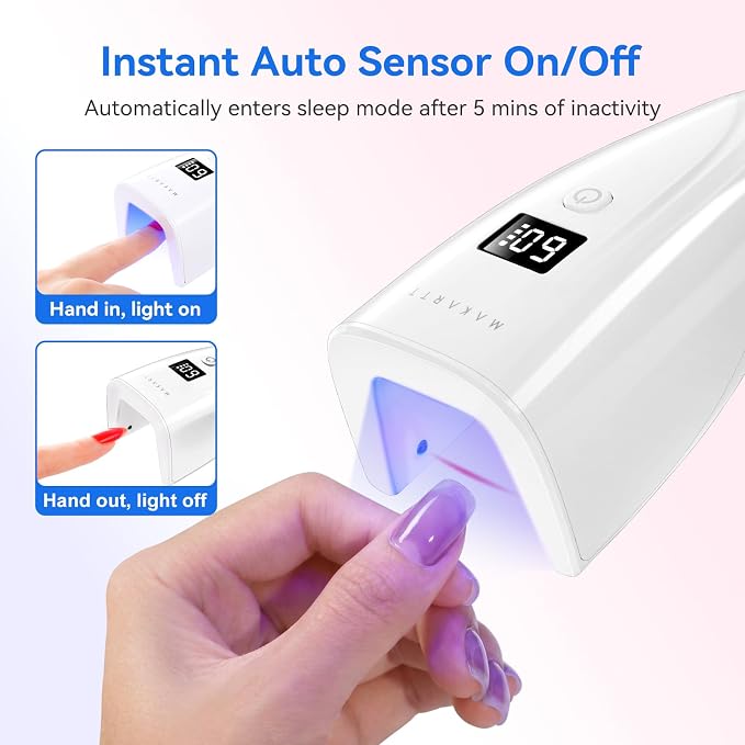 Makartt 3s Flash Cure UV Nail Lamp for Gel-X, Rhinestones & Nail Glue | 222 mW/cm² Handheld Rechargeable FinGlow Nail Light Nail Dryer with Sensor, LCD Display & 2 Timers, Home DIY Salon Use, White