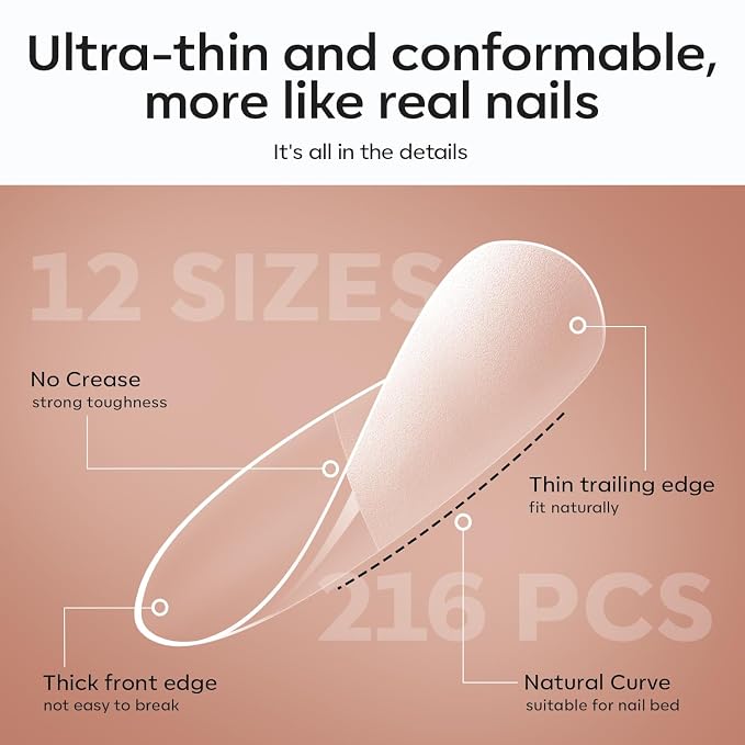 modelones X Nail Gel Kit Short Almond, 9-in-One Nail Glue UV Light | 216Pcs 12Sizes Pre-Etched Press ons Fake Acrylic Extension Kit DIY Salon Gift for Women