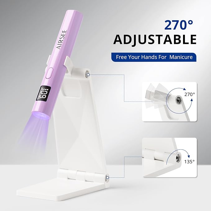 AIRSEE Mini Handheld UV Light with Storage Bag & Display,Purple-with Stand | Cordless Nail Lamps,2 Timers for Fast Cure All Soft Gels, Especially Rhinestone Glue and Gel Nail Strips at Home,Travel
