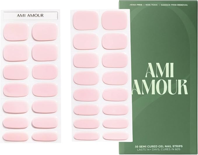Semi Cured Gel Nail Strips Stickers Wraps | UV Nail Polish that Pops in Color (Light Pink) for Women & Short Nails & Long Nails (Ami Amour)