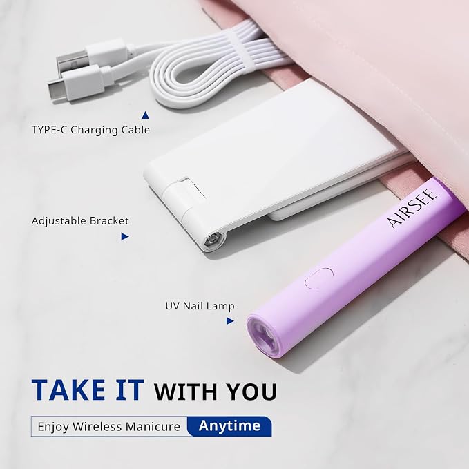 AIRSEE Mini Handheld UV Light for Gel Nails with Stand, Home&Travel,Purple | 2 Timers & Cordless,Portable Rechargeable Nail Lamps for Fast Extension,Rhinestone Glue Decoration,Gel Nail Strips