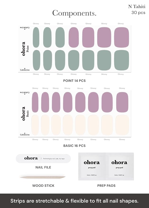 ohora Semi Cured Gel Nail Strips (N Tahiti) - Purple/Green, Solid, Works with UV/LED Lamps, Salon-Quality, Long Lasting, Easy to Apply & Remove - Includes 2 Prep Pads, Nail File & Wooden Stick