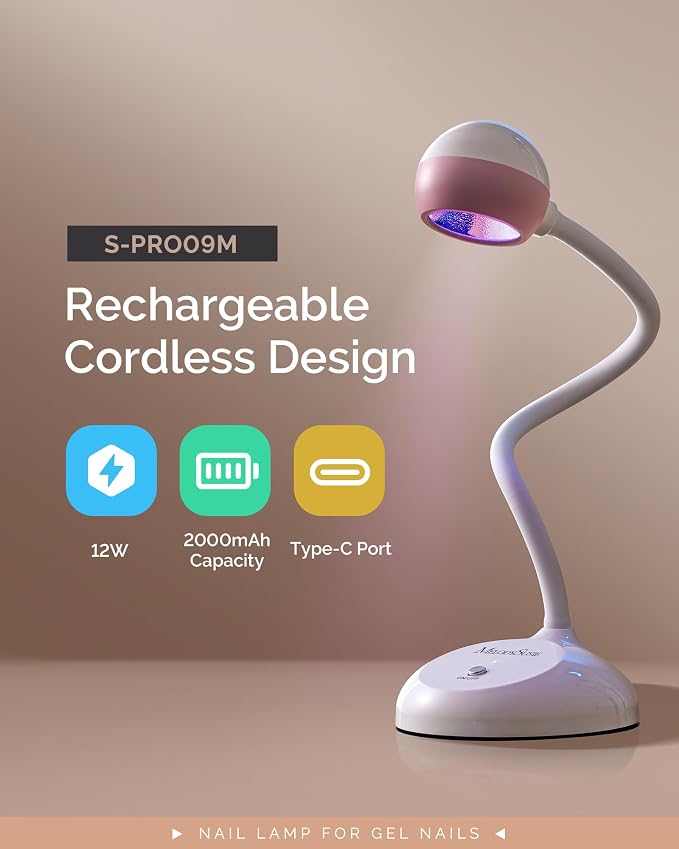 MelodySusie 360° 2-in-1 Gooseneck Nail Lamp S-Pro09M for Detail Work | 60s Timer, 2000mAh Battery, 6h Runtime, One-Touch Control, Rhinestone Glue, False Nail Glue, Cat Eye & Nail Tip