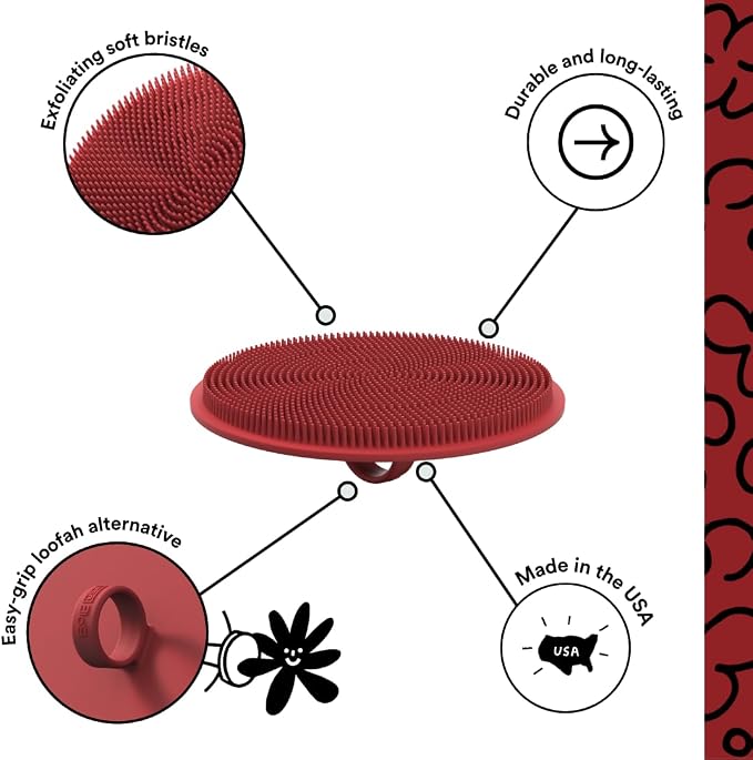 Boie USA Loop Body Scrubber - Soft Silicone-Like Exfoliating Shower Scrubber, Body Cleansing Brush - Hang-to-Wall Loofah Replacement - Body Exfoliator for All Skin Types (Red)