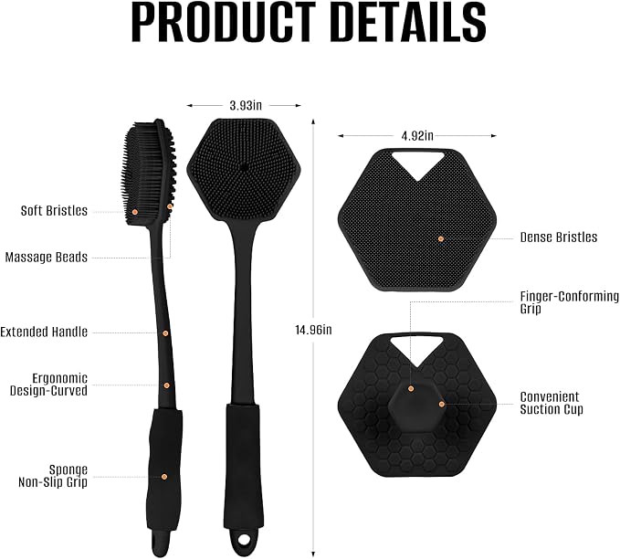 14" Silicone Back Scrubber for Shower, Long Handle Body Brush | Soft Bristles Exfoliate&Massage Skin. Non-Slip Grip, Reach Full Back Easily. Ideal for Men&Women, Bath Use. Black.