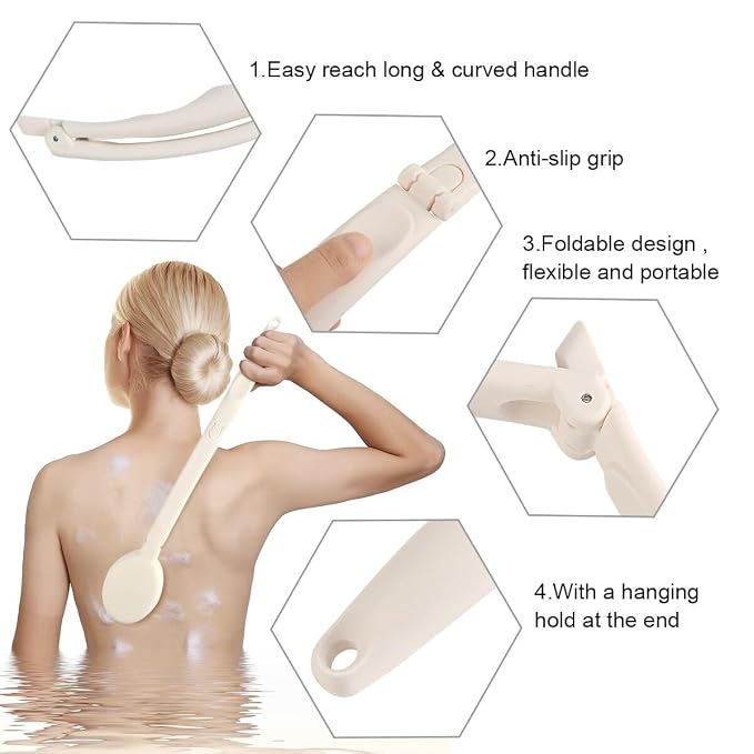 LFJ 19" Long Handle Shower Sponge Brush Set | 3 in 1 Body Brush, Bath Sponge and Lotion Applicator Improved Skin Health, Suitable for Men and Women, Foldable