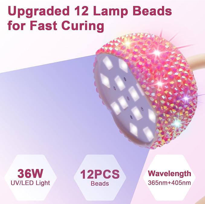 CGBE UV LED Nail Lamp, 36W Mini Cordless Flash Cure Nail Lamp for Gel Nails | USB Rechargeable Nail Light with 4 Timers & Auto Sensor, Gooseneck Portable Gel X Lamp for Salon Home DIY Use, Pink Diamond