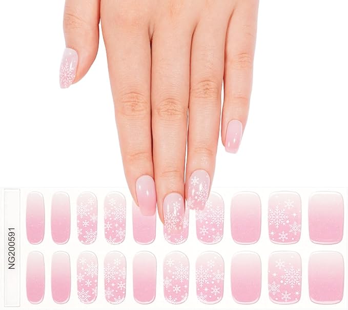 Christmas Semi Cured Gel Nail Strips - 20Pcs Pink UV Gel Nail Wraps with Snowflake Design, Long Lasting Salon-Quality Stickers, Includes Nails File & Wooden Stick - UV/LED Lamp Required
