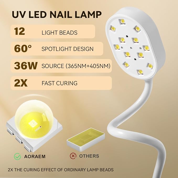 AORAEM UV Nail Lamp, Gooseneck Mini UV Light for Gel Nails | Rechargeable LED Flash Cure Lamps with 4 Timer & Auto Sensor, Quick Dry Professional Nail Dryer for Salon Home DIY Use, White