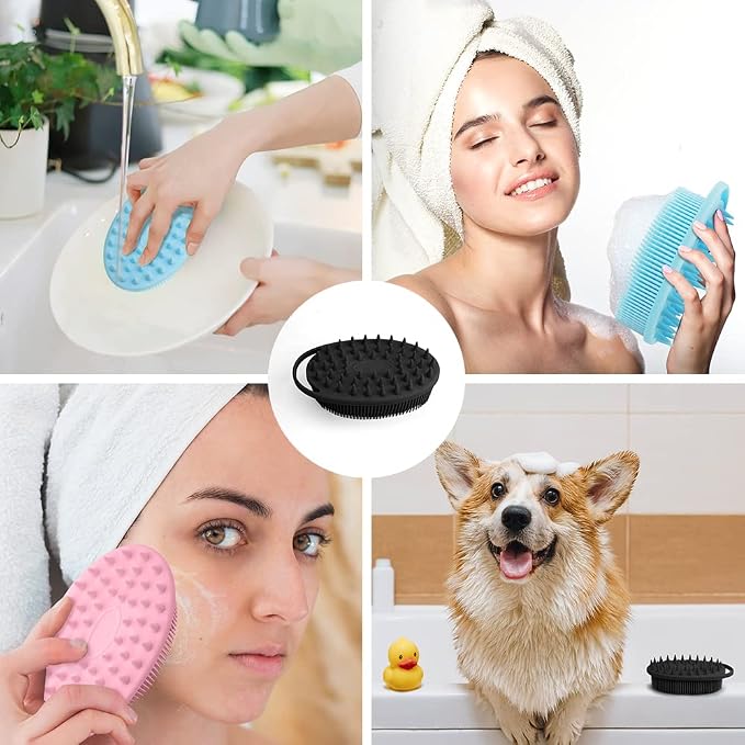 2 in 1 Silicone Body Scrubber Shampoo Brush, Shower Body Scrubber, Silicone Bath Scrubber,Exfoliating Body Scrubber, Scalp Massager, Silicone Loofah Body Scrubber,Rapid Foaming-3 Pack Black,Blue,Pink