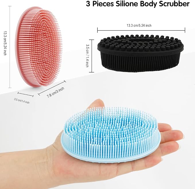 3 Pack Silicone Body Scrubber, Soft Silicone Loofah Exfoliating Body Scrubber, Silicone Body Brush Bath Shower Scrubber for Body, 2 in 1 Bath and Shampoo Wash Brush for Skin Exfoliation Men Women
