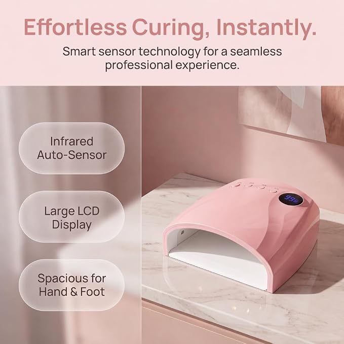 Cordless UV Nail Lamp, 96W UV LED Nail lamp for Gel Polish & Acrylic Nails, Fast Curing Nail Light with 4 Timers, Detachable Base, Auto Sensor, 45 LED Beads, Salon & Home Use (Pink)