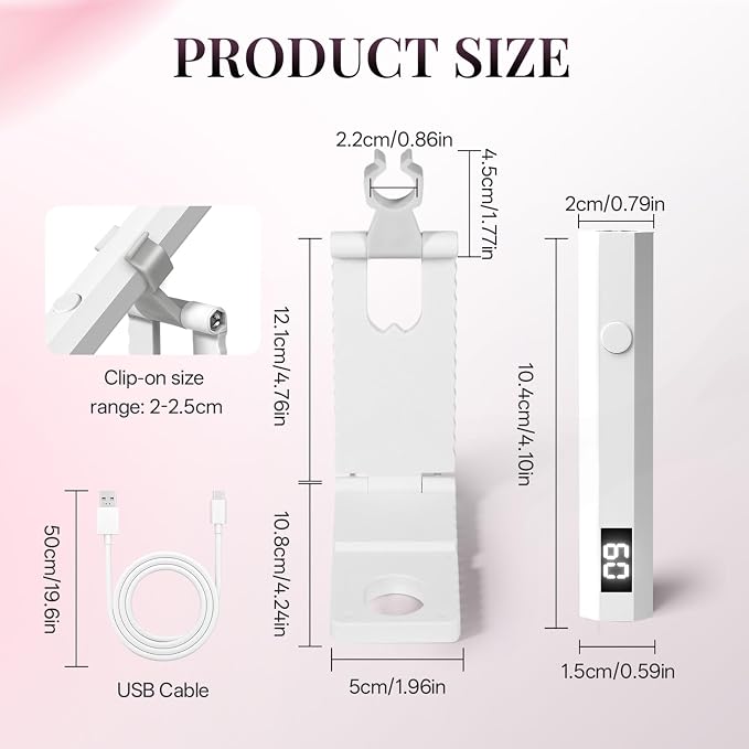 Cordless UV Nail Light with Stand, Digital Display, 2 Timers | Hands-free, stand doubles as phone holder, 20s/60s timers, 3W dual LED, 180mAh battery, for gel nails, rhinestones, travel