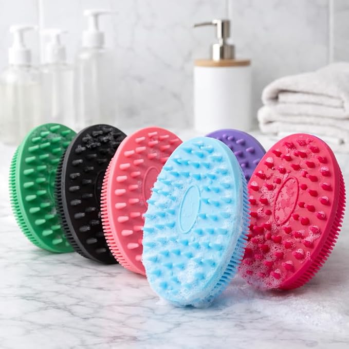All-in-One Exfoliating Shower Brush – Gentle Silicone Loofah for Sensitive Skin with Dual-Purpose Scalp Massage for Spa-Quality Showers Daily (1pck) (Hot Pink)
