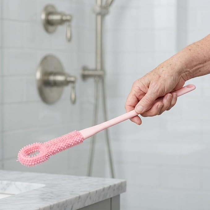 Soft Foot Brush for Shower with Long Handle Toe Cleaner and Dead Skin Remover Silicone Bristle Foot Scrubber for Elderly Ergonomic Grip Bath and Body Brush