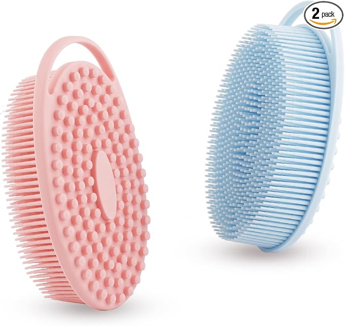 Soft Silicone Body Scrubber 2 PCS Silicone Body Shower, Silicone Loofah 2 in 1 Bath and Shampoo Brush, Body Scrubber Shower Cleaning Exfoliating Use for Sensitive Skin, Lather Well(Pink and Blue)