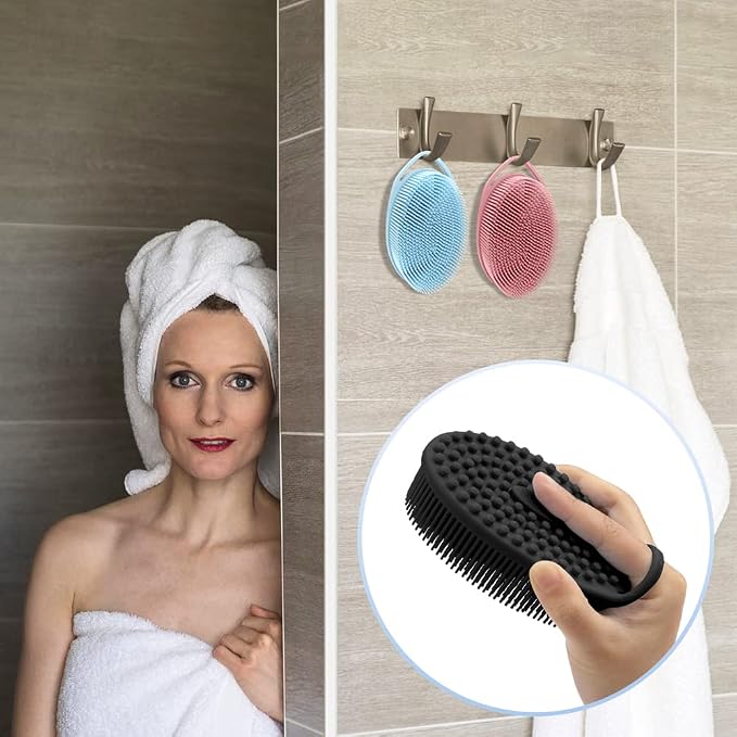 PQRUU 3 Pack Silicone Body Scrubber, Exfoliating Soft Loofah Bath Body Scrubbers for Use in Shower, Exfoliating Body Scrubber Fit for All Kinds of Skin, Rapid Foaming Black+Blue+Pink