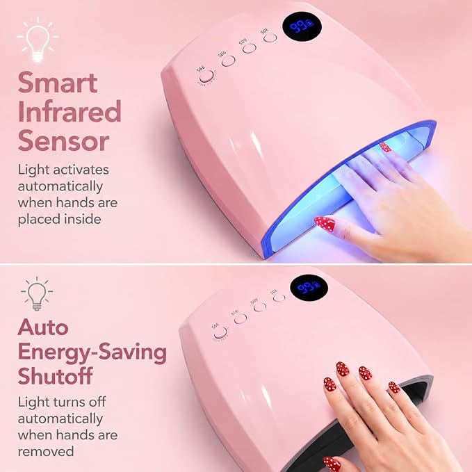Cordless UV Nail Lamp, 96W UV LED Nail lamp for Gel Polish & Acrylic Nails, Fast Curing Nail Light with 4 Timers, Detachable Base, Auto Sensor, 45 LED Beads, Salon & Home Use (Pink)