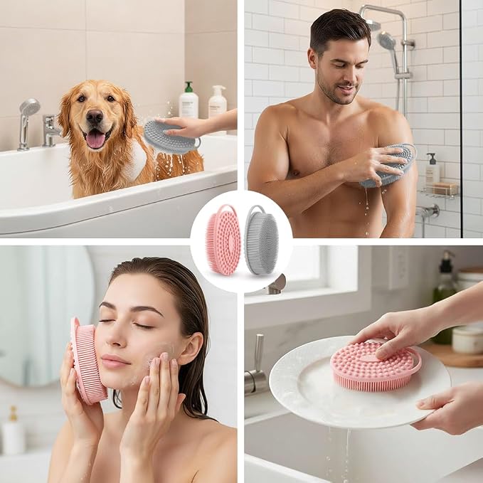 Silicone Body Scrubber 2 Pcs Silicone Loofah Exfoliating Body Scrubber for Men Women Soft Silicones Shower Scrubbers Double Sided Silicones Bath Bodys Brush for All Skin Lather Well, Gray and Pink