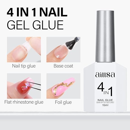 AILLSA 4 in 1 Nail Glue Gel for Acrylic Nail Tips, 15ML UV Nail Glue | Long Lasting Brush On Nail Glues for Clear Fake Nail Tips and Rhinestone Pearl Foil, Lamp Curing Needed