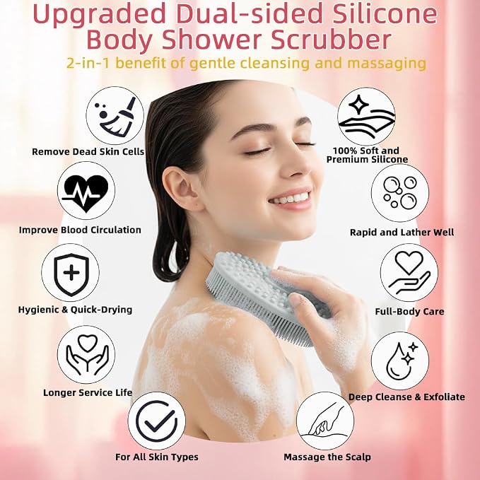 Silicone Body Scrubber 3 Pack Silicone Loofah Exfoliating Body Scrubber Soft Silicone Shower Brush with Handle Double Sided Bath Body Brush for Women Men Cleaning Massage Sensitive Skin, Lather Well