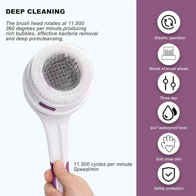 Electric Body Brush,5 Attachments Brush Heads Electric SPA Spin Scrubber for Shower Bathing Cleansing Wash Deep Cleaning with Silicone Rechargeable IPX7 Waterproof