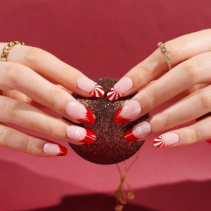 Christmas Semi Cured Gel Nail Strips - 20Pcs Xmas Hat UV Gel Nail Wraps with Snowflake & Bow Design, Long Lasting Salon-Quality Stickers, Includes Nails File & Wooden Stick - UV/LED Lamp Required