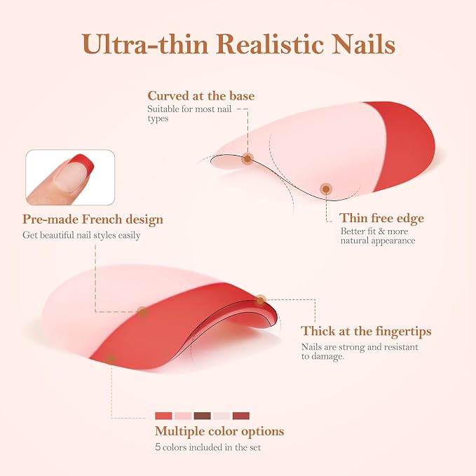 PEACECOLOR French Tip Press On Nails Kit - 150Pcs Short Square 5 Colors Nude Nail Tips Gel Nail Extension Kit with Nail Lamp Starter Kit Nail Glue Base & Top Coat Fake Nails Gift for Women Home DIY