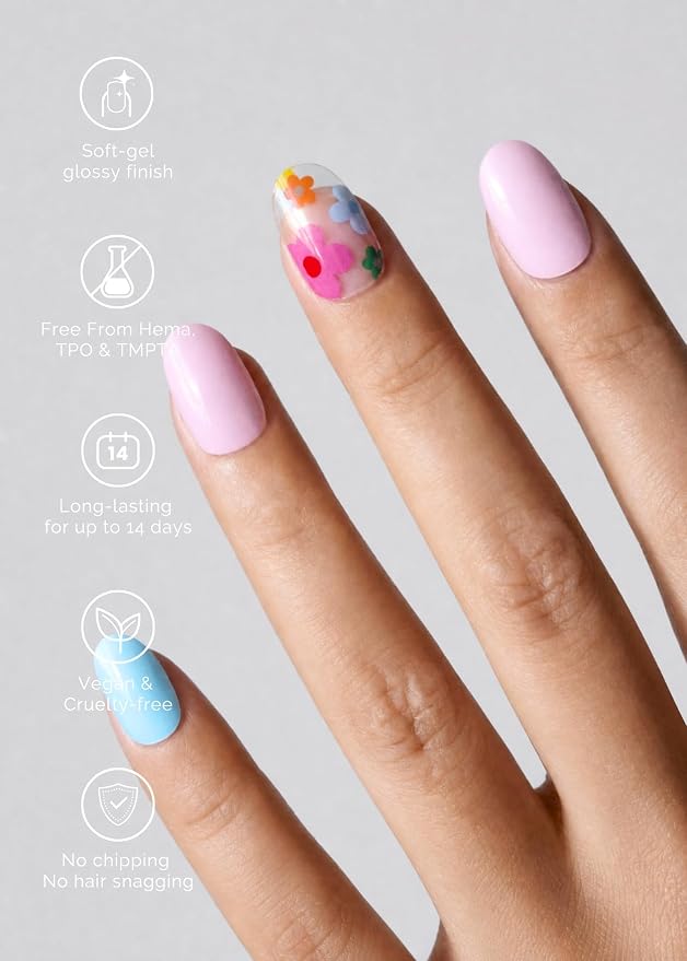 Semi Cured Gel Nail Strips - NAILOG 34 Pcs Floral Nail Stickers Clear Extra Long Wraps with Glossy Gel Finishing for Spring Summer, Petal Dance