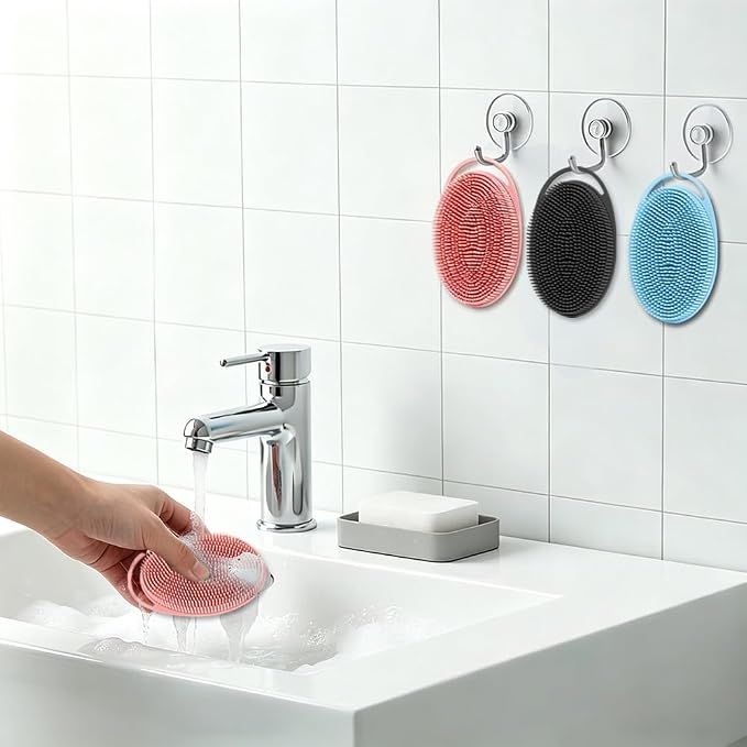 Silicone Body Scrubber 3 Pack Silicone Loofah Exfoliating Body Scrubber Soft Silicone Shower Brush with Handle Double Sided Bath Body Brush for Women Men Cleaning Massage Sensitive Skin, Lather Well