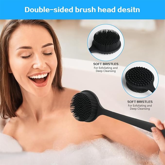 Long Handle Body Scrubber, 15 inch Length, Soft Silicone Bristles, Double-Sided Bath Brush for Back Exfoliation