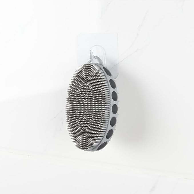 Silicone Body Scrubber with Double-Sided Bristles, Deep Cleaning Massage Brush, Flexible Design with Hanger Loop for Exfoliating and Scalp Care (Grey)