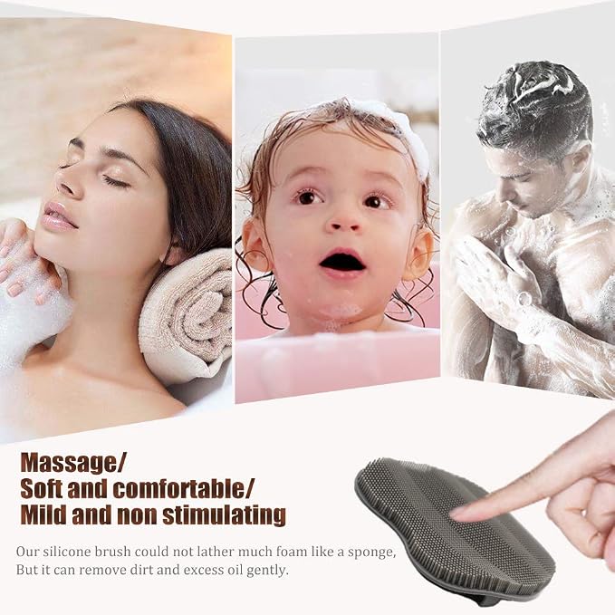 2 Pack Soft Silicone Shower Brush, Body Exfoliating Skin Massage Scrubber | Body Wash Bath Dry Skin Brushing Glove Loofah, Fit for Sensitive and All Kinds of Skin(Gray+green)