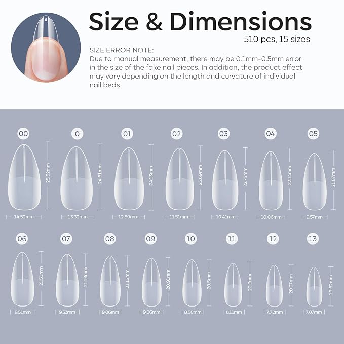 Modelones Almond Nail Tips 510pcs Medium Clear Soft Fake Press On Nails Tip | Pre Etched Half Matte Full Cover Clear Acrylic Gel False Press on Extension