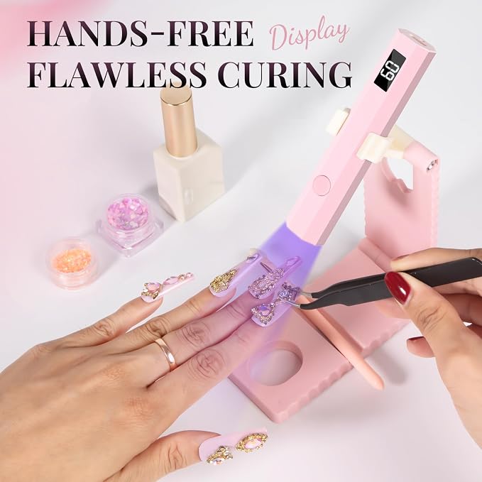 Mini Handheld UV Nail Light with Stand, Portable Flash Cure | Handheld or stand, phone holder, dual LED, 2 timers, cordless, USB-C, for rhinestone glue, travel, home DIY, gift