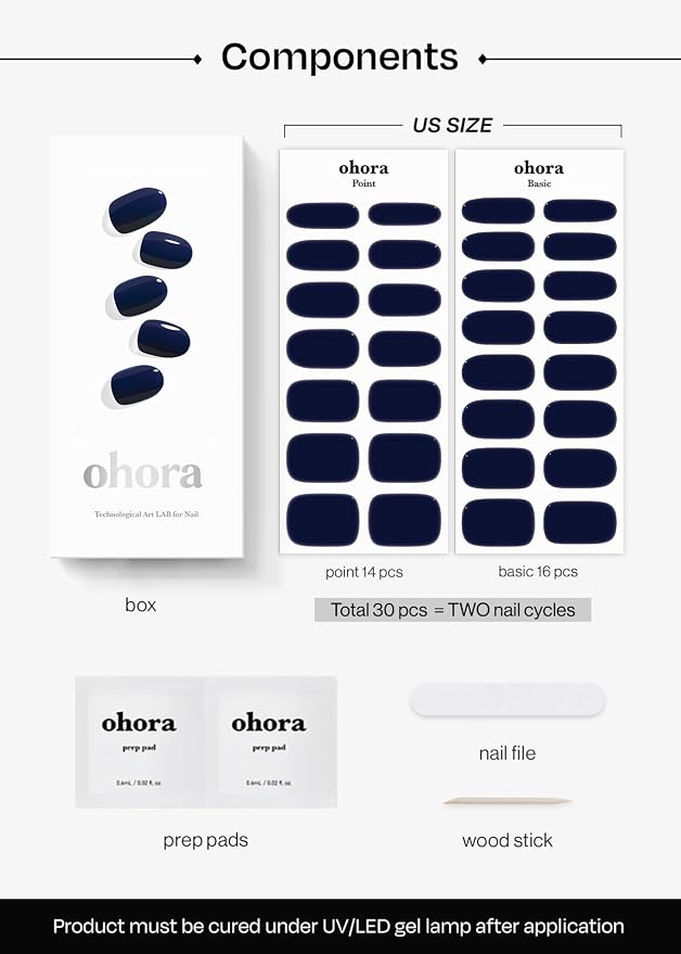 ohora Semi Cured Gel Nail Strips (N Royal Navy) - Blue, Solid, Works with Any UV/LED Lamps, Salon-Quality, Long Lasting, Easy to Apply & Remove - Includes 2 Prep Pads, Nail File & Wooden Stick