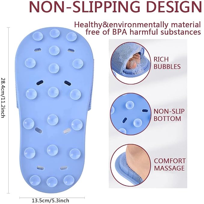Shower Foot Scrubber,Soft Silicone Foot Cleaner with Non-Slip Suction Cups,Exfoliating Dead Skin Foot Massager Slipper improve Circulation & Soothes Tired Feet for Unisex Adults - 1pcs (Blue)