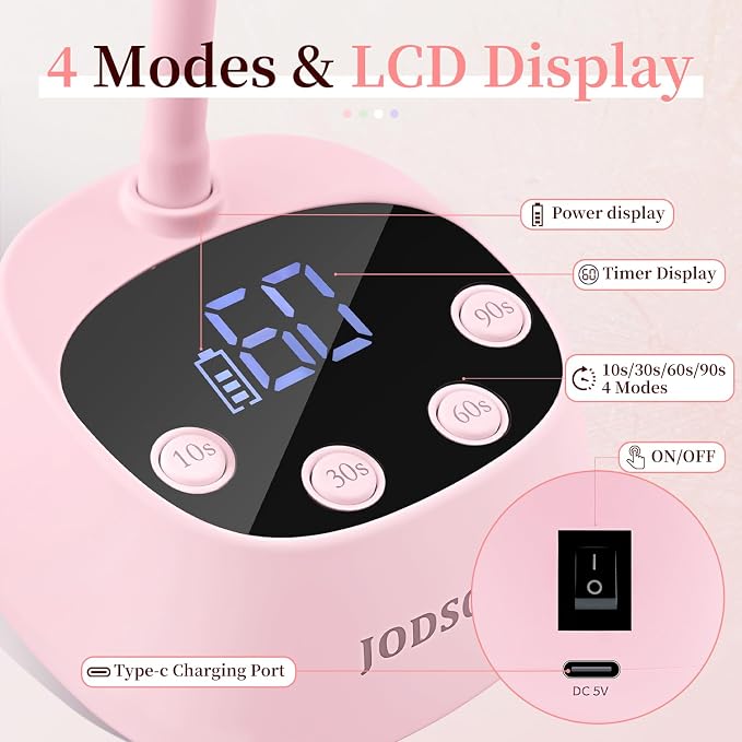 JODSONE Fast Curing U V Nail Lamp - Portable and Flexible Gooseneck Lamp with 360° Adjustable Design, Rechargeable LED Dryer for Gel Polish, Auto Sensor & 4 Timers, Home DIY Manicure Light Rose Pink