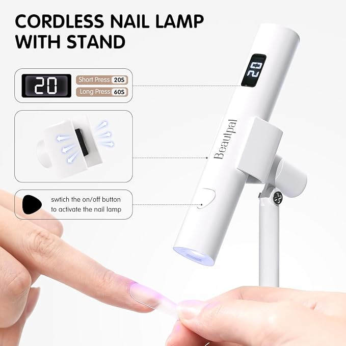 BEAUTPAL Handheld UV Light for Nails Mini Nail Dryer LED Light with Magnetic Stand, LCD Screen - Cordless Rechargeable USB Gel Nail Lamp Fast Curing for Home DIY Manicure