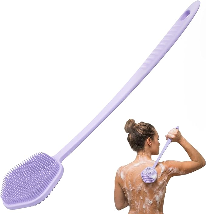 Redfly Silicone Back Scrubber for Shower Brush, 17 inch Long Handled Silicone Body Scrubber for Men & Women, Double Sided Shower Scrubber for Body Brush Exfoliator and Massage, Purple