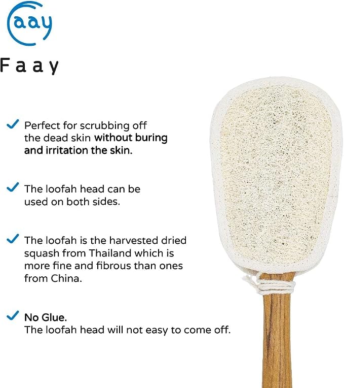 FAAY 17 Inch Natural Exfoliating Loofah Back Scrubber On a Stick with Luffa Sponge Pads Refills – Long Handle Loofa Body Bath & Shower Brush for Men & Women
