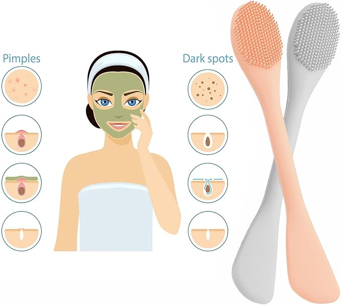 Silicone Face Mask Brush, Soft Facial Cleansing Scrubber, 2 Pcs Double-End Facial Mask Brush for Mud, Clay, DIY, Skincare Applicator Tools (Khaki and Grey)