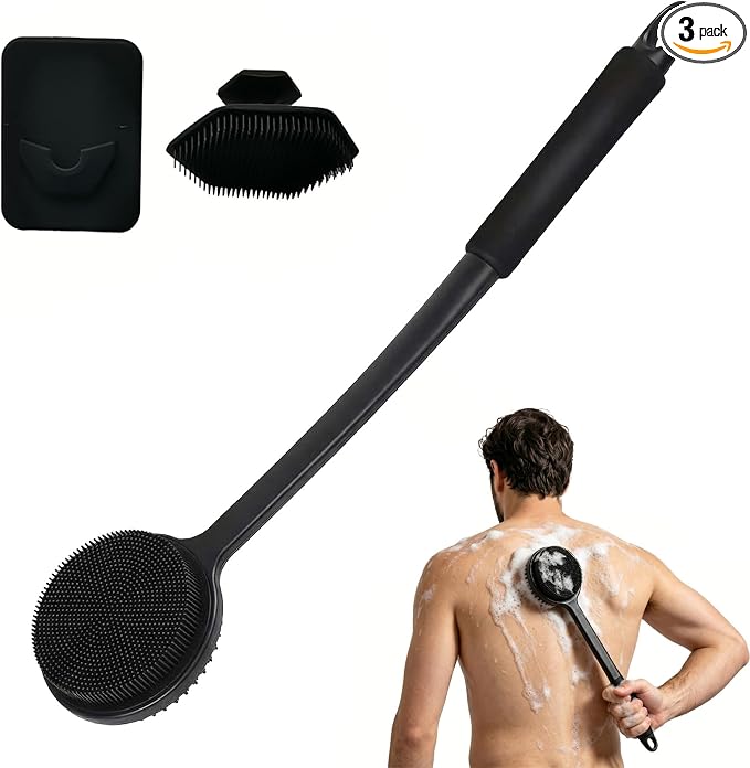 Back Silicone Rubber for Shower|Curved Long Handle Body Brush|Dual-Sided Firm Exfoliating&Soft Bristles |Silicone face Scrubber (Black face Brush and Back Scrubber Set)